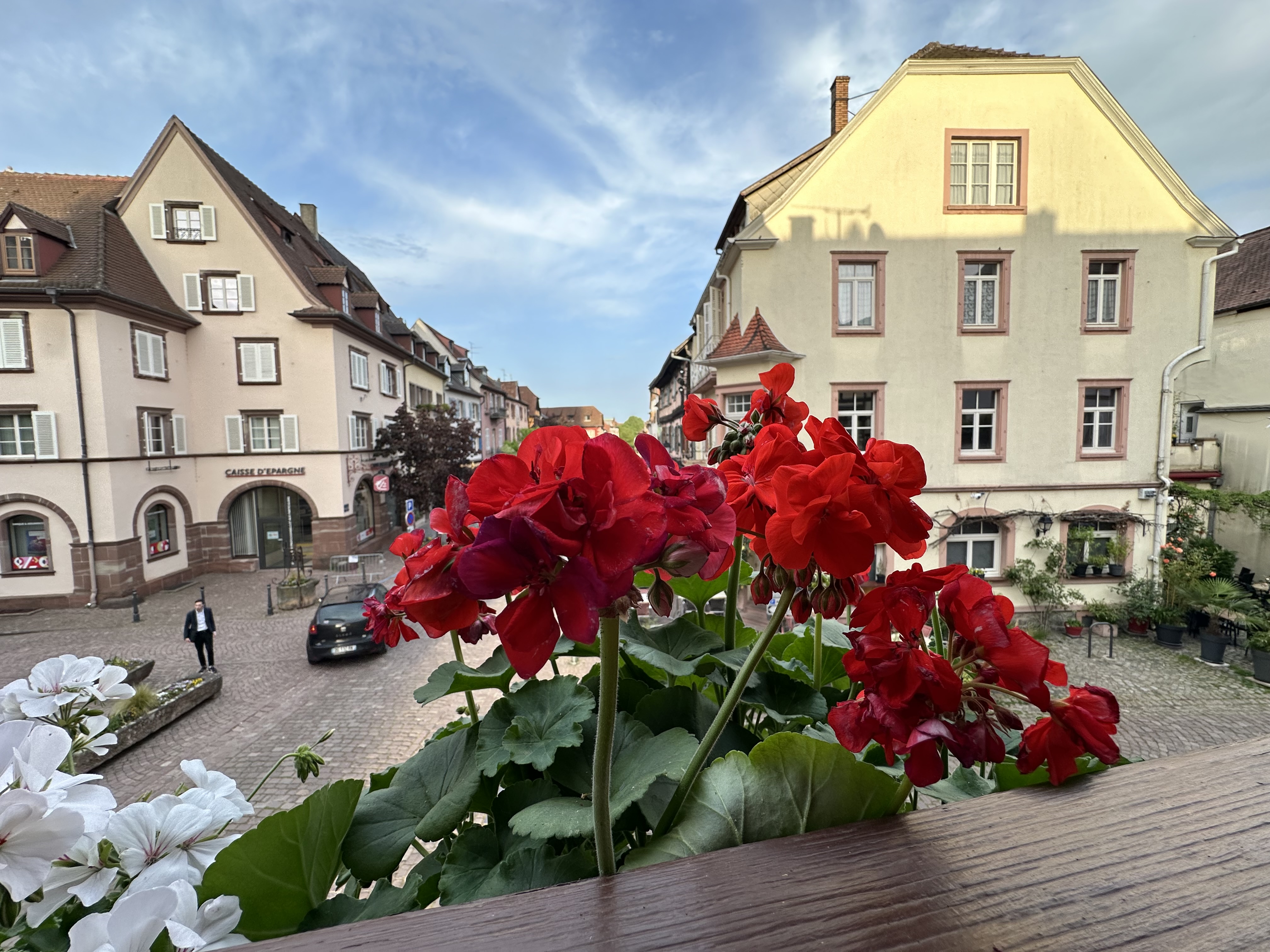 Vue depuis le balcon sur la place de Kaysersberg avec géraniums rouges